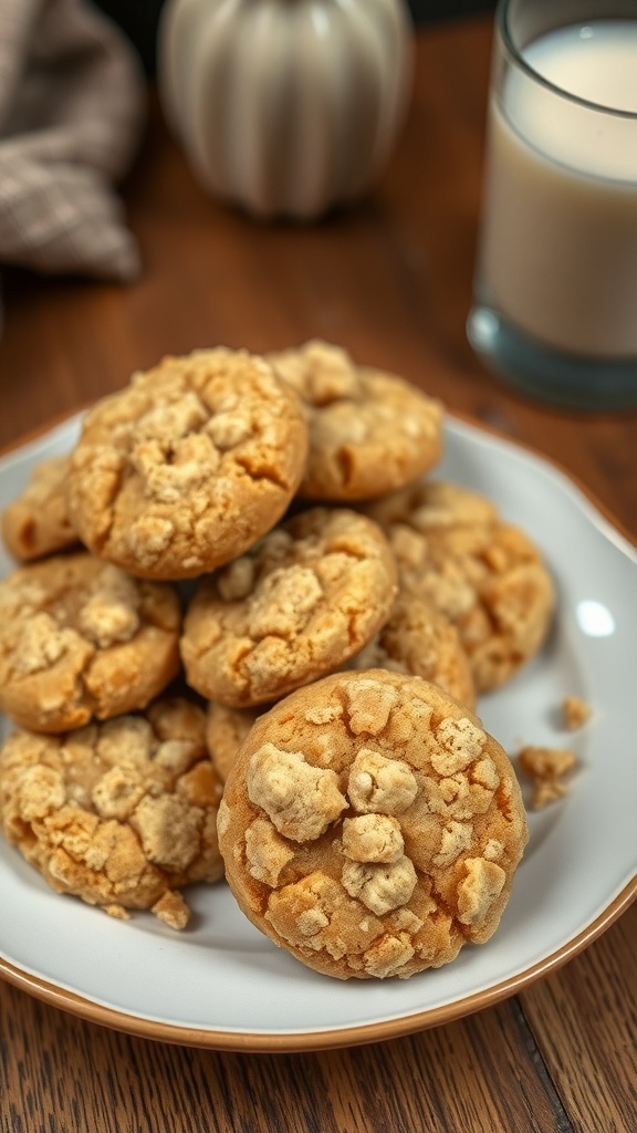 A plate of golden-brown 3D crumble cookies with a crumbly topping, accompanied by a glass of milk.